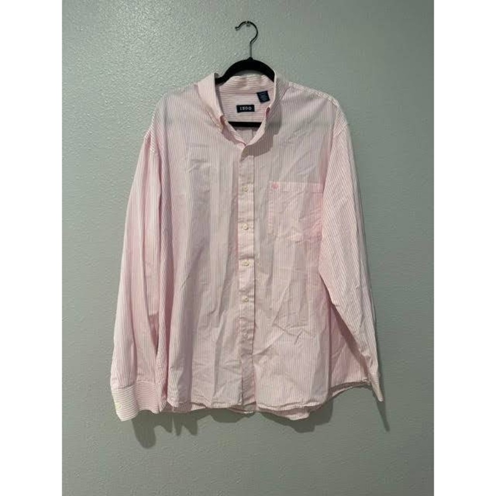 Izod Mens XL Pink Striped Button Down Shirt Long Sleeve Cotton Blend Pocket